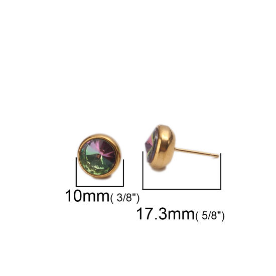 Immagine di Acciaio Inossidabile Orecchini a Perno Oro Placcato Tondo AB Colore Strass 10mm Dia., Posta / Filo Dimensione: (20 misura), 2 Pz