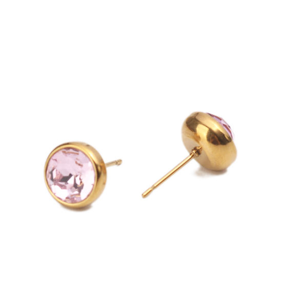 Immagine di Acciaio Inossidabile Orecchini a Perno Oro Placcato Tondo Rosa Chiaro Strass 10mm Dia., Posta / Filo Dimensione: (20 misura), 2 Pz