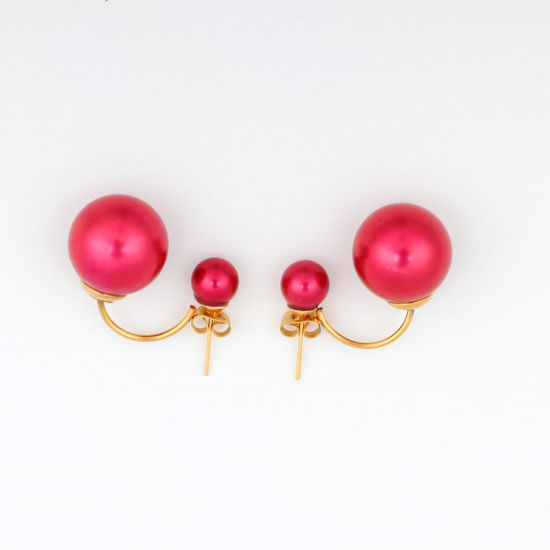 Picture of 304 Stainless Steel & Acrylic Ear Jacket Stud Earrings Gold Plated Fuchsia Round 3cm x 2.5cm, Post/ Wire Size: (21 gauge), 1 Pair