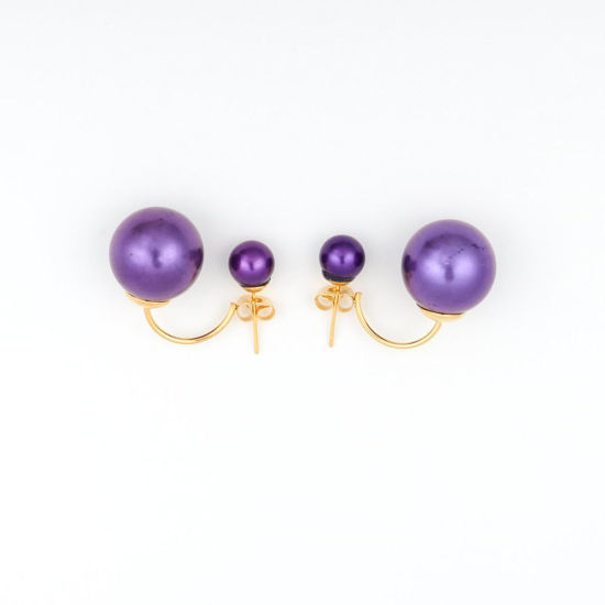 Picture of 304 Stainless Steel & Acrylic Ear Jacket Stud Earrings Gold Plated Purple Round 3cm x 2.5cm, Post/ Wire Size: (21 gauge), 1 Pair