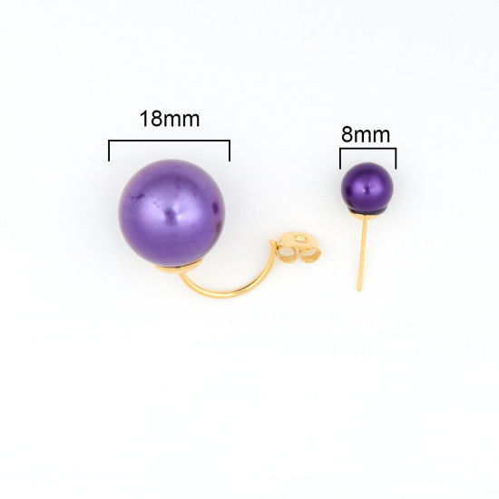 Picture of 304 Stainless Steel & Acrylic Ear Jacket Stud Earrings Gold Plated Purple Round 3cm x 2.5cm, Post/ Wire Size: (21 gauge), 1 Pair