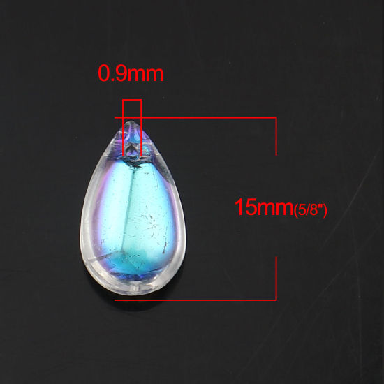 Bild von Glas AB Regenbogenfarbe Nordlicht Perlen Tropfen Transparent ca. 15mm x 9mm, Loch: 0.9mm, 50 Stück