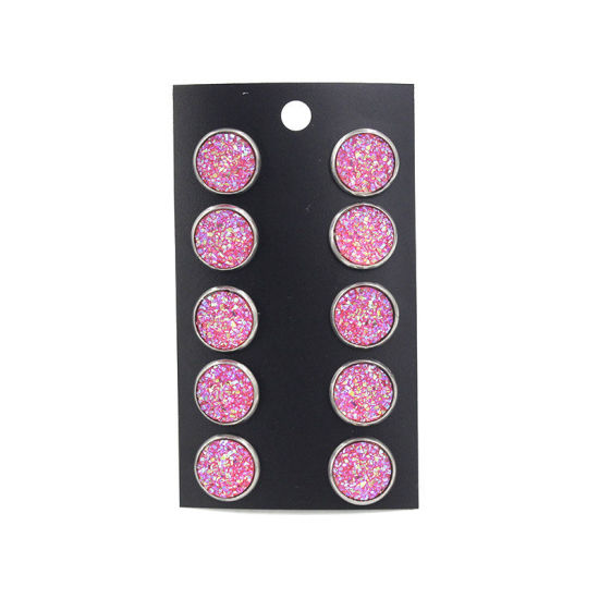Picture of Stainless Steel Druzy/ Drusy Ear Post Stud Earrings Silver Tone Rose Red Round Mixed With Resin Cabochons 12mm Dia., Post/ Wire Size: (21 gauge), 1 Plate (Approx 5 Pairs/Plate)