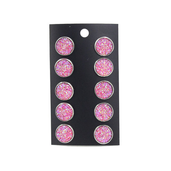 Immagine di Acciaio Inossidabile Druzy/ Drusy Orecchini a Perno Tono Argento Rosy Rosso Tondo Misto Con Resina Cabochons 12mm Dia., Posta / Filo Dimensione: (21 misura), 1 Set (Circa 5 Paia/Set)