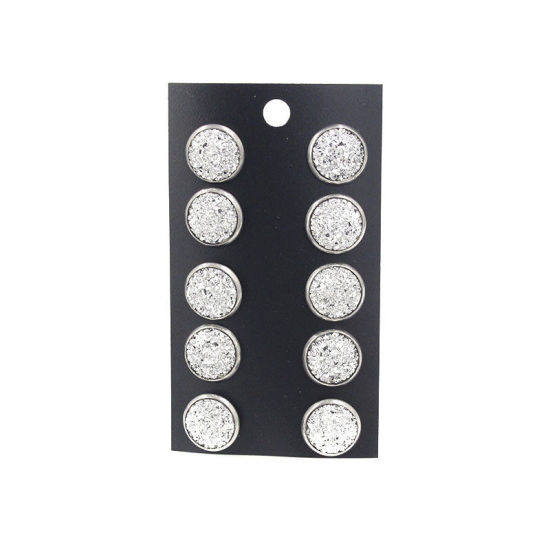 Immagine di Acciaio Inossidabile Druzy/ Drusy Orecchini a Perno Tono Argento Rosy Rosso Tondo Misto Con Resina Cabochons 12mm Dia., Posta / Filo Dimensione: (21 misura), 1 Set (Circa 5 Paia/Set)