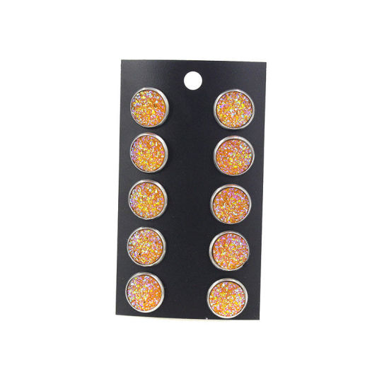 Immagine di Acciaio Inossidabile Druzy/ Drusy Orecchini a Perno Tono Argento Rosy Rosso Tondo Misto Con Resina Cabochons 12mm Dia., Posta / Filo Dimensione: (21 misura), 1 Set (Circa 5 Paia/Set)