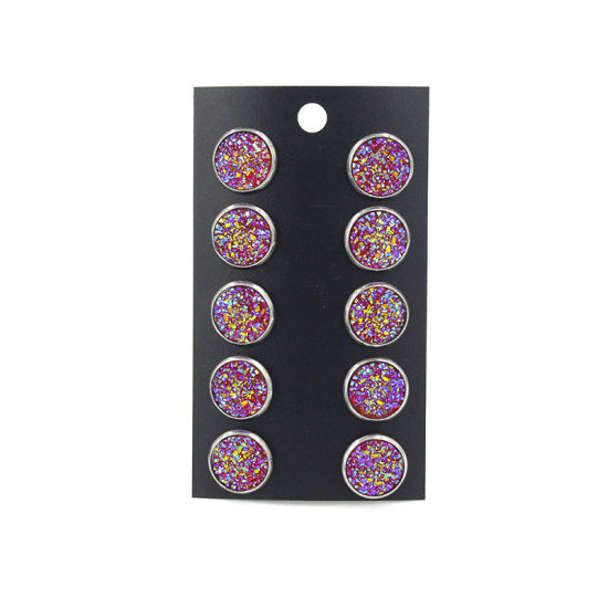 Immagine di Acciaio Inossidabile Druzy/ Drusy Orecchini a Perno Tono Argento Colore Viola Tondo Misto Con Resina Cabochons 12mm Dia., Posta / Filo Dimensione: (21 misura), 1 Set (Circa 5 Paia/Set)