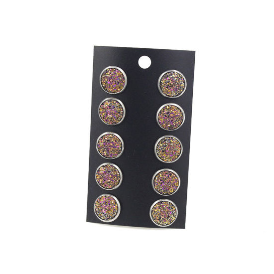 Immagine di Acciaio Inossidabile Druzy/ Drusy Orecchini a Perno Tono Argento Champagne Tondo Misto Con Resina Cabochons 12mm Dia., Posta / Filo Dimensione: (21 misura), 1 Set (Circa 5 Paia/Set)