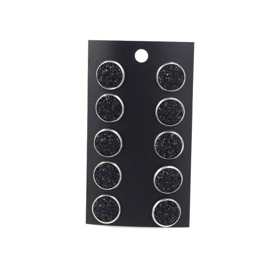 Immagine di Acciaio Inossidabile Druzy/ Drusy Orecchini a Perno Tono Argento Nero Tondo Misto Con Resina Cabochons 12mm Dia., Posta / Filo Dimensione: (21 misura), 1 Set (Circa 5 Paia/Set)