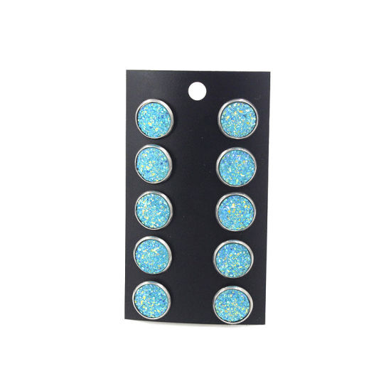 Immagine di Acciaio Inossidabile Druzy/ Drusy Orecchini a Perno Tono Argento Lago Blu Tondo Misto Con Resina Cabochons 12mm Dia., Posta / Filo Dimensione: (21 misura), 1 Set (Circa 5 Paia/Set)