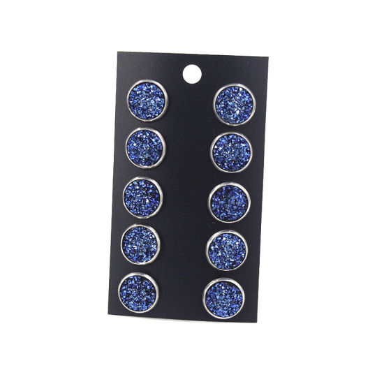 Immagine di Acciaio Inossidabile Orecchini a Perno Tono Argento Blu Scuro Tondo Misto Con Resina Cabochons 12mm Dia., Posta / Filo Dimensione: (21 misura), 1 Set (Circa 5 Paia/Set)