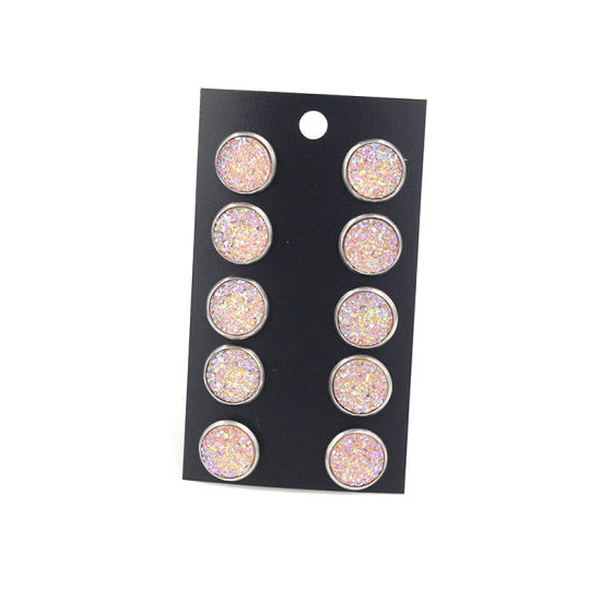 Immagine di Acciaio Inossidabile Druzy/ Drusy Orecchini a Perno Tono Argento Rosa Chiaro Tondo Misto Con Resina Cabochons 12mm Dia., Posta / Filo Dimensione: (21 misura), 1 Set (Circa 5 Paia/Set)