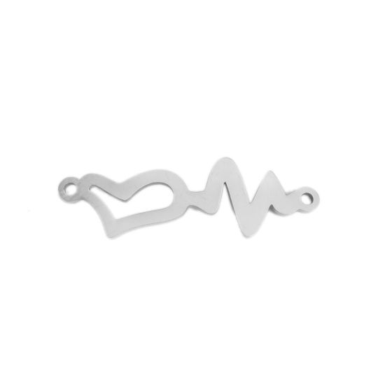 Imagen de 304 Acero Inoxidable Conectores Electrocardiograma Tono de Plata Corazón Hueco 3.2cm x 1cm, 5 Unidades