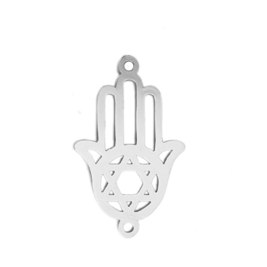 Picture of 304 Stainless Steel Connectors Hamsa Symbol Hand Silver Tone Star Of David Hexagram Hollow 23mm x 14mm, 5 PCs