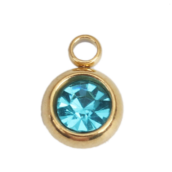 Picture of 304 Stainless Steel & Glass Charms Round Gold Plated Light Blue Faceted 8mm x 6mm, 10 PCs