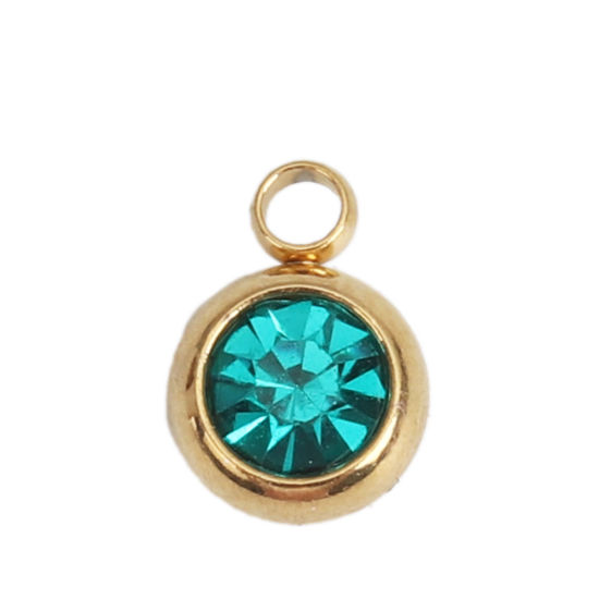 Picture of 304 Stainless Steel & Glass Charms Round Gold Plated Green Blue Faceted 8mm x 6mm, 10 PCs