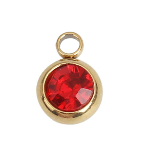 Picture of 304 Stainless Steel & Glass Charms Round Gold Plated Red Faceted 8mm x 6mm, 10 PCs
