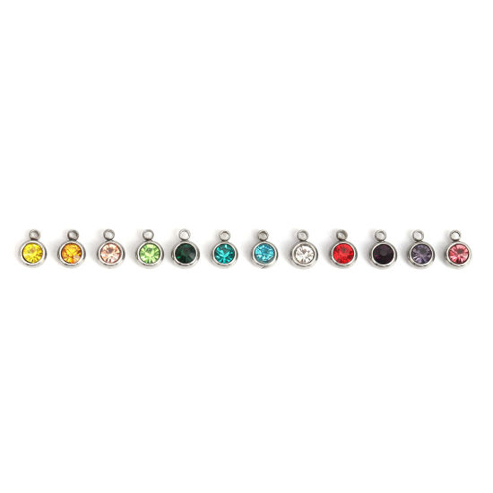 Picture of 304 Stainless Steel & Glass Charms Round Silver Tone At Random Faceted 8mm x 6mm, 20 PCs