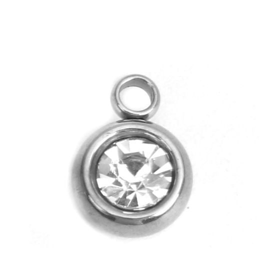 Picture of 304 Stainless Steel & Glass Charms Round Silver Tone Transparent Clear Faceted 8mm x 6mm, 20 PCs