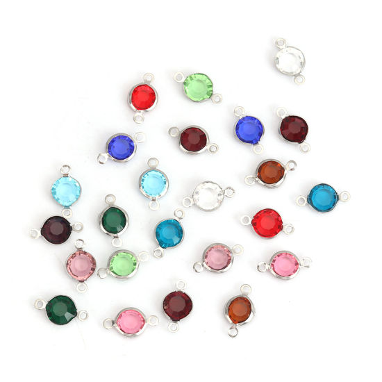 Picture of 304 Stainless Steel & Glass Connectors Round Silver Tone At Random Mixed Faceted 15mm x 9mm, 10 PCs