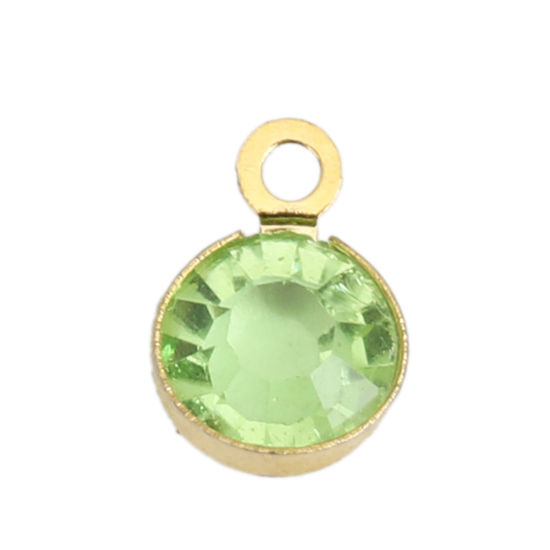 Picture of 304 Stainless Steel & Glass Charms Round Gold Plated Light Green Faceted 9mm x 7mm, 10 PCs