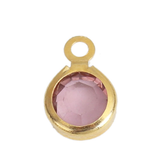 Picture of 304 Stainless Steel & Glass Charms Round Gold Plated Light Pink Faceted 9mm x 7mm, 10 PCs