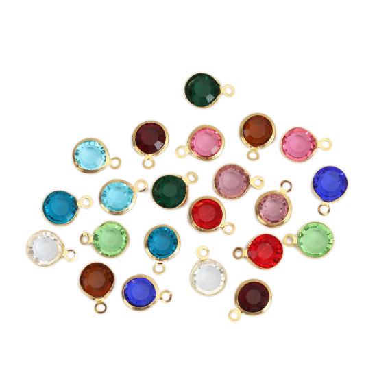Picture of 304 Stainless Steel & Glass Charms Round Gold Plated At Random Faceted 12mm x 9mm, 10 PCs