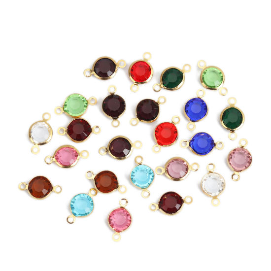 Picture of 304 Stainless Steel & Glass Connectors Round Gold Plated At Random Mixed Faceted 15mm x 9mm, 10 PCs