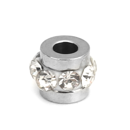 Imagen de 304 Acero Inoxidable Cuentas Cilíndrico Tono de Plata Transparente Rhinestone 5mm x 4mm, Agujero: Aprox 1.8mm, 10 Unidades