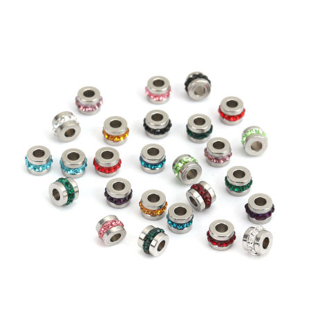 304 Edelstahl Perlen Zylinder Silberfarbe Zufällig mix Strass 7mm x 5mm, Loch: ca. 2.8mm, 10 Stück