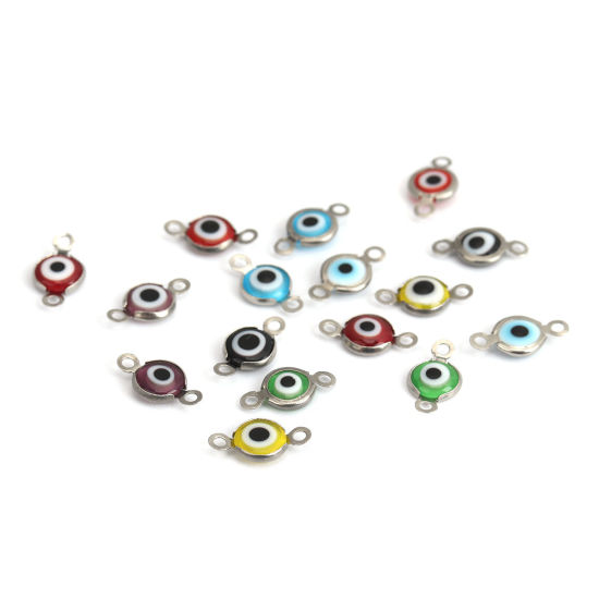 Picture of 304 Stainless Steel Connectors Round Silver Tone At Random Evil Eye With Resin Cabochons 12mm x 7mm, 10 PCs