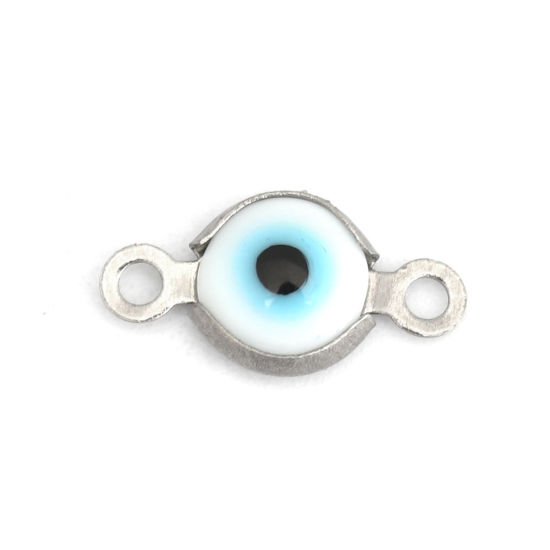 Picture of 304 Stainless Steel Connectors Round Silver Tone White Evil Eye With Resin Cabochons 12mm x 7mm, 10 PCs