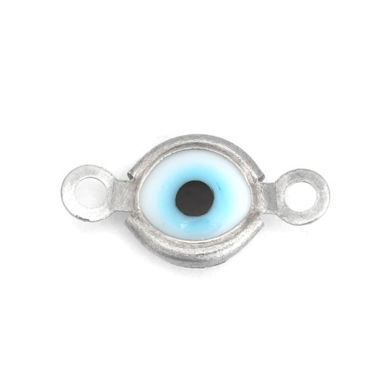 Picture of 304 Stainless Steel Connectors Round Silver Tone White Evil Eye With Resin Cabochons 12mm x 7mm, 10 PCs