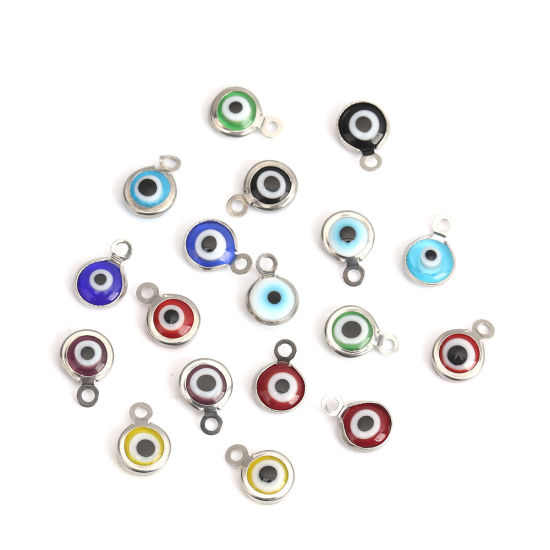 Picture of 304 Stainless Steel Charms Round Silver Tone At Random Evil Eye With Resin Cabochons 9mm x 7mm, 10 PCs