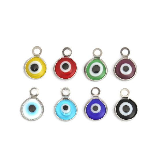 Picture of 304 Stainless Steel Charms Round Silver Tone At Random Mixed Evil Eye With Resin Cabochons 9mm x 7mm, 10 PCs