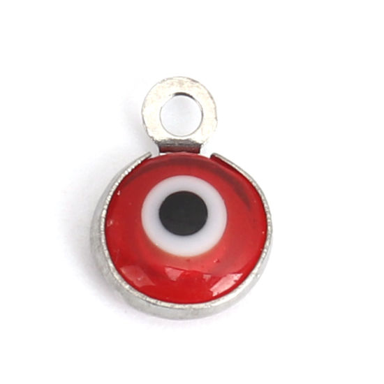 Picture of 304 Stainless Steel Charms Round Silver Tone Red Evil Eye With Resin Cabochons 9mm x 7mm, 10 PCs