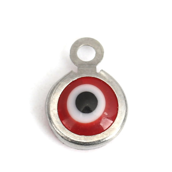 Immagine di 304 Acciaio Inossidabile Charms Tondo Tono Argento Rosso Malocchio Con Resina Cabochons 9mm x 7mm, 10 Pz