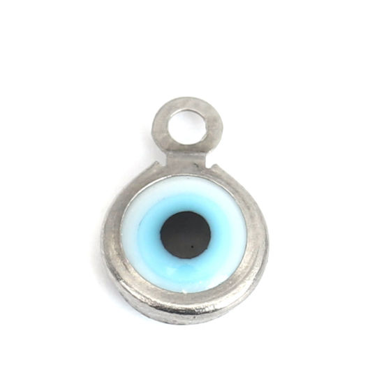 Immagine di 304 Acciaio Inossidabile Charms Tondo Tono Argento Bianco Malocchio Con Resina Cabochons 9mm x 7mm, 10 Pz