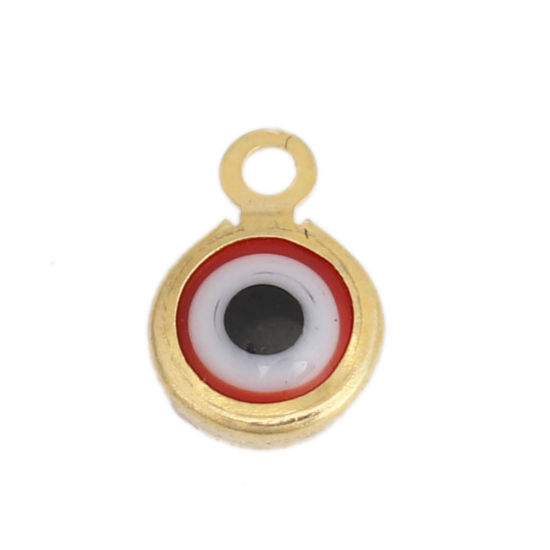 Immagine di 304 Acciaio Inossidabile Charms Tondo Oro Placcato Rosso Malocchio Con Resina Cabochons 9mm x 7mm, 10 Pz