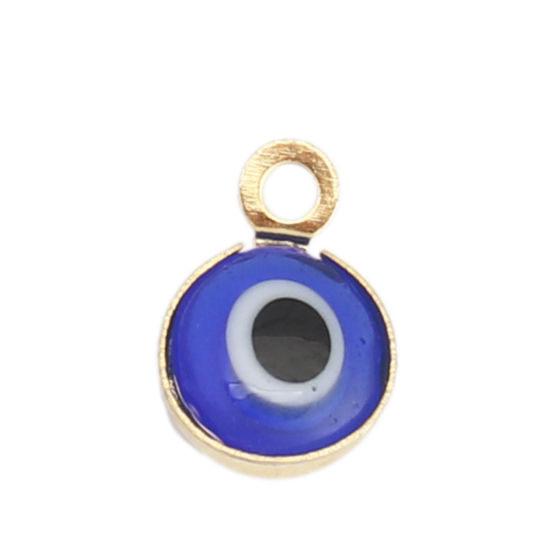 Immagine di 304 Acciaio Inossidabile Charms Tondo Oro Placcato Blu Marino Malocchio Con Resina Cabochons 9mm x 7mm, 10 Pz