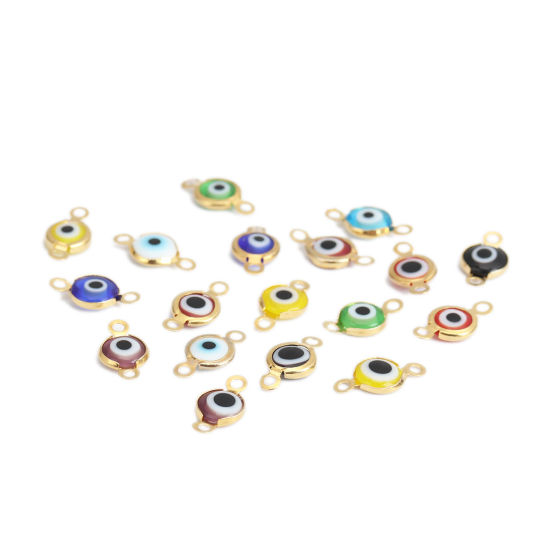 Picture of 304 Stainless Steel Connectors Round Gold Plated At Random Evil Eye With Resin Cabochons 12mm x 7mm, 10 PCs