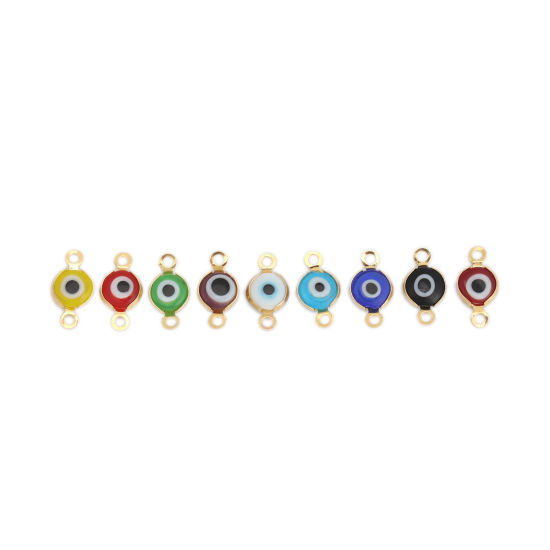 Immagine di 304 Acciaio Inossidabile Connettore Tondo Oro Placcato A Random Malocchio Con Resina Cabochons 12mm x 7mm, 10 Pz