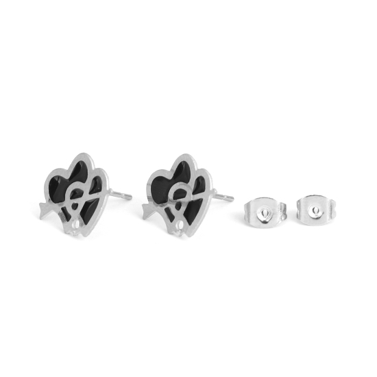 Picture of 304 Stainless Steel Ear Post Stud Earrings Heart Silver Tone Black Enamel W/ Loop 15mm x 12mm, Post/ Wire Size: (20 gauge), 6 PCs