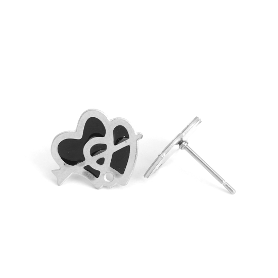 Picture of 304 Stainless Steel Ear Post Stud Earrings Heart Silver Tone Black Enamel W/ Loop 15mm x 12mm, Post/ Wire Size: (20 gauge), 6 PCs