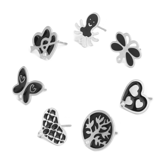 Picture of 304 Stainless Steel Ear Post Stud Earrings Heart Silver Tone Black Enamel W/ Loop 15mm x 12mm, Post/ Wire Size: (20 gauge), 6 PCs