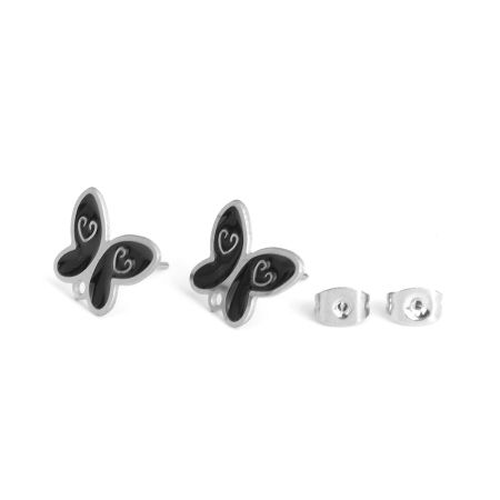 Image de Boucles d'Oreilles Puces en 304 Acier Inoxydable Papillon Argent Mat Émail Noir avec Boucle 15mm x 12mm, Epaisseur de Fil: (20 gauge), 6 Pcs