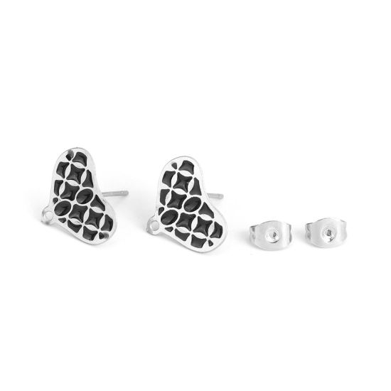 Picture of 304 Stainless Steel Ear Post Stud Earrings Heart Silver Tone W/ Loop Black Enamel 15mm x 12mm, Post/ Wire Size: (20 gauge), 6 PCs