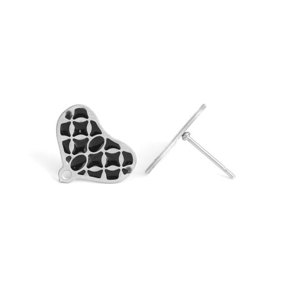 Picture of 304 Stainless Steel Ear Post Stud Earrings Heart Silver Tone W/ Loop Black Enamel 15mm x 12mm, Post/ Wire Size: (20 gauge), 6 PCs