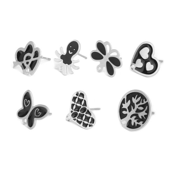 Picture of 304 Stainless Steel Ear Post Stud Earrings Heart Silver Tone W/ Loop Black Enamel 15mm x 12mm, Post/ Wire Size: (20 gauge), 6 PCs