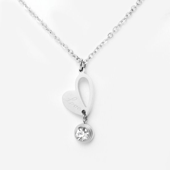 Imagen de Acero Inoxidable Collares Tono de Plata Corazón Hueco Transparente Rhinestone 46cm longitud, 1 Unidad